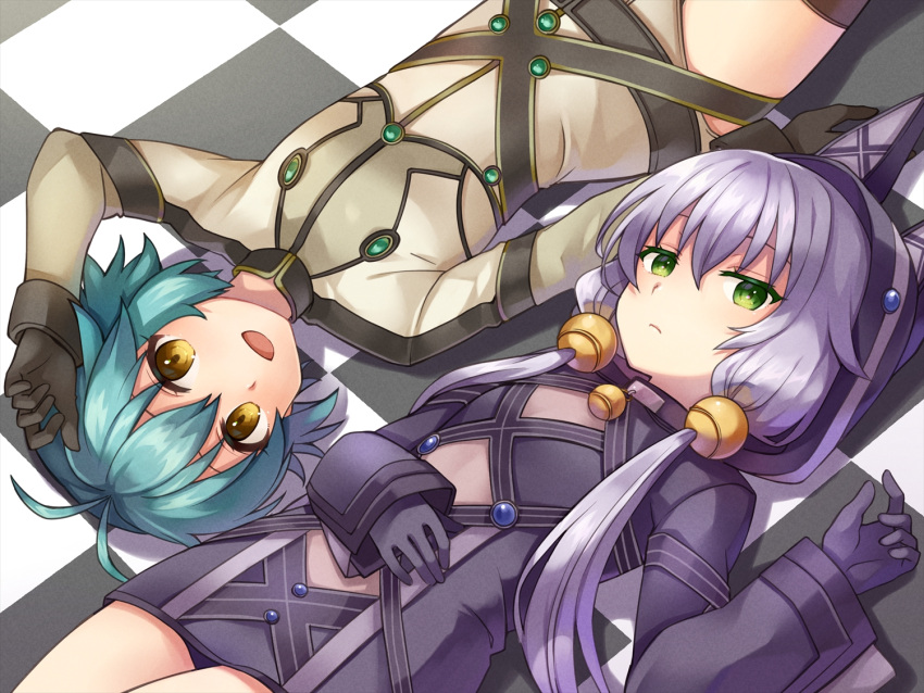 2girls :d altina_orion antenna_hair arm_at_side bell black_gloves blue_hair chihiro_(chihiro3399) closed_mouth colored_eyelashes commentary dutch_angle eiyuu_densetsu expressionless eyebrows_hidden_by_hair gloves green_eyes grey_hair hair_bobbles hair_ornament hand_on_own_stomach hand_up jingle_bell light_blush long_hair looking_at_viewer lying millium_orion multiple_girls neck_bell no_headwear on_back open_mouth rotational_symmetry sen_no_kiseki sen_no_kiseki_iii short_hair smile spiky_hair straight_hair symbol-only_commentary tsurime yellow_eyes