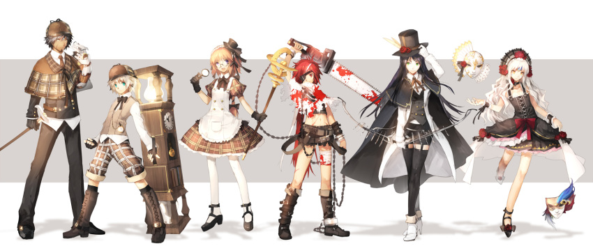 2boys 4girls aisha_(elsword) alternate_costume black_dress black_pants blood bloody_clothes boots bow_(weapon) cane cape chainsaw chung_seiker clock deerstalker dress elsword elsword_(character) eve_(elsword) full_body gothic_lolita hat highres lolita_fashion magnifying_glass mask multiple_boys multiple_girls pants plaid plaid_dress raven_(elsword) redhead rena_(elsword) scorpion5050 staff standing steampunk thigh-highs top_hat victorian weapon