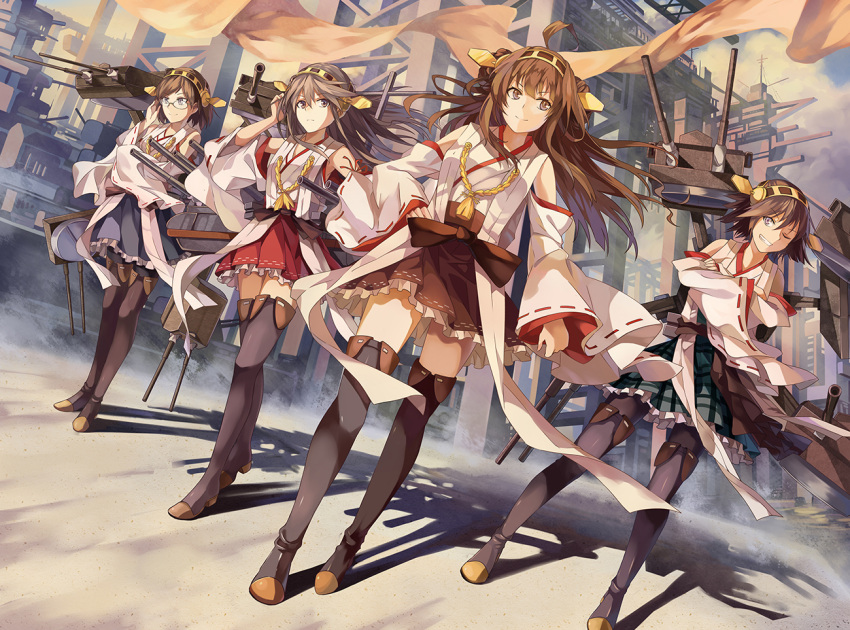 4girls adjusting_glasses bare_shoulders black_hair blue_eyes blush boots breasts brown_eyes brown_hair cannon crossed_arms detached_sleeves double_bun dutch_angle frilled_skirt frills glasses hair_ornament hairband haruna_(kantai_collection) headgear hiei_(kantai_collection) japanese_clothes kantai_collection kirishima_(kantai_collection) kongou_(kantai_collection) long_hair multiple_girls neko_(yanshoujie) nontraditional_miko pantyhose personification plaid ribbon-trimmed_sleeves ribbon_trim shadow ship shipyard short_hair skirt smile thigh-highs thigh_boots turret watercraft yellow_eyes zettai_ryouiki