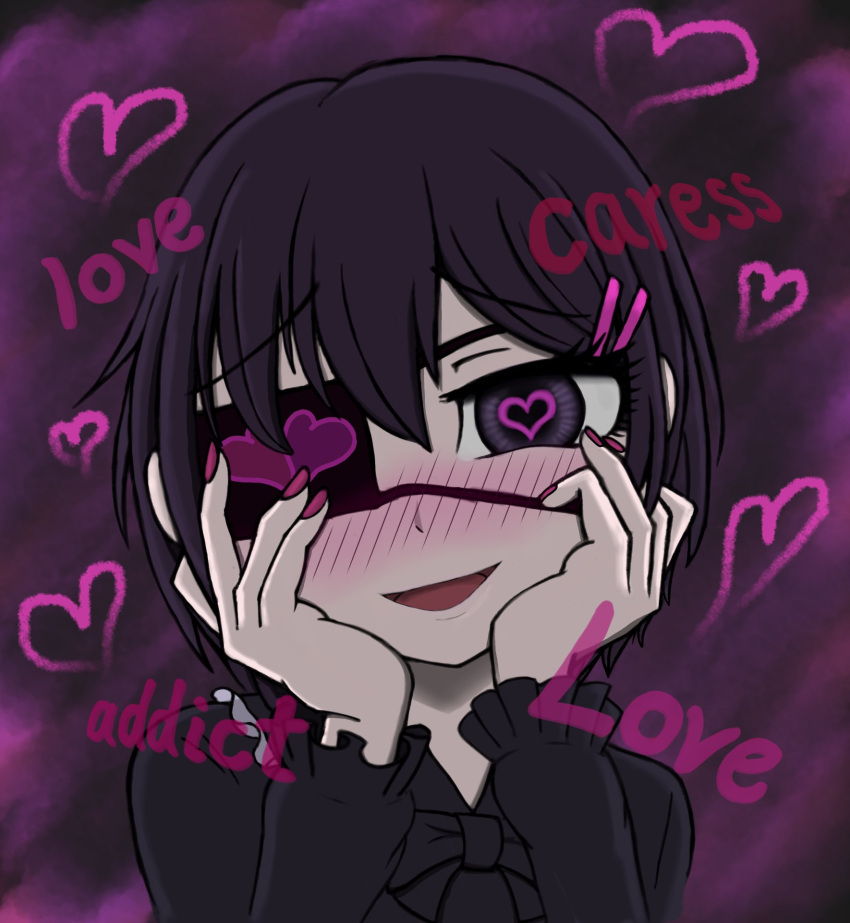 1girl :d black_eyes black_hair blush borrowed_character english eyebrows_visible_through_hair eyepatch face fukasugi_aiko hands_on_own_cheeks hands_on_own_face head_tilt heart heart-shaped_pupils heart_eyepatch highres looking_at_viewer nail_polish namake-neko open_mouth original pink_nails short_hair smile solo symbol-shaped_pupils upper_body yandere yandere_trance