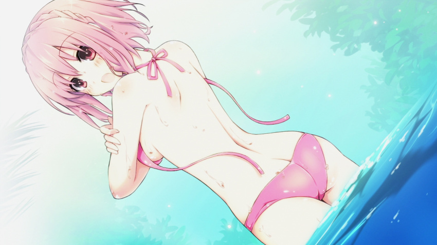 1girl :o ass back bare_back bare_shoulders bikini blush bra braid breasts butt_crack crossed_arms date_a_live dutch_angle game_cg leaf looking_back midriff open_mouth pink_hair red_eyes short_hair sideboob solo sonogami_rinne string_bikini swimsuit tsunako underwear untied wading water wet
