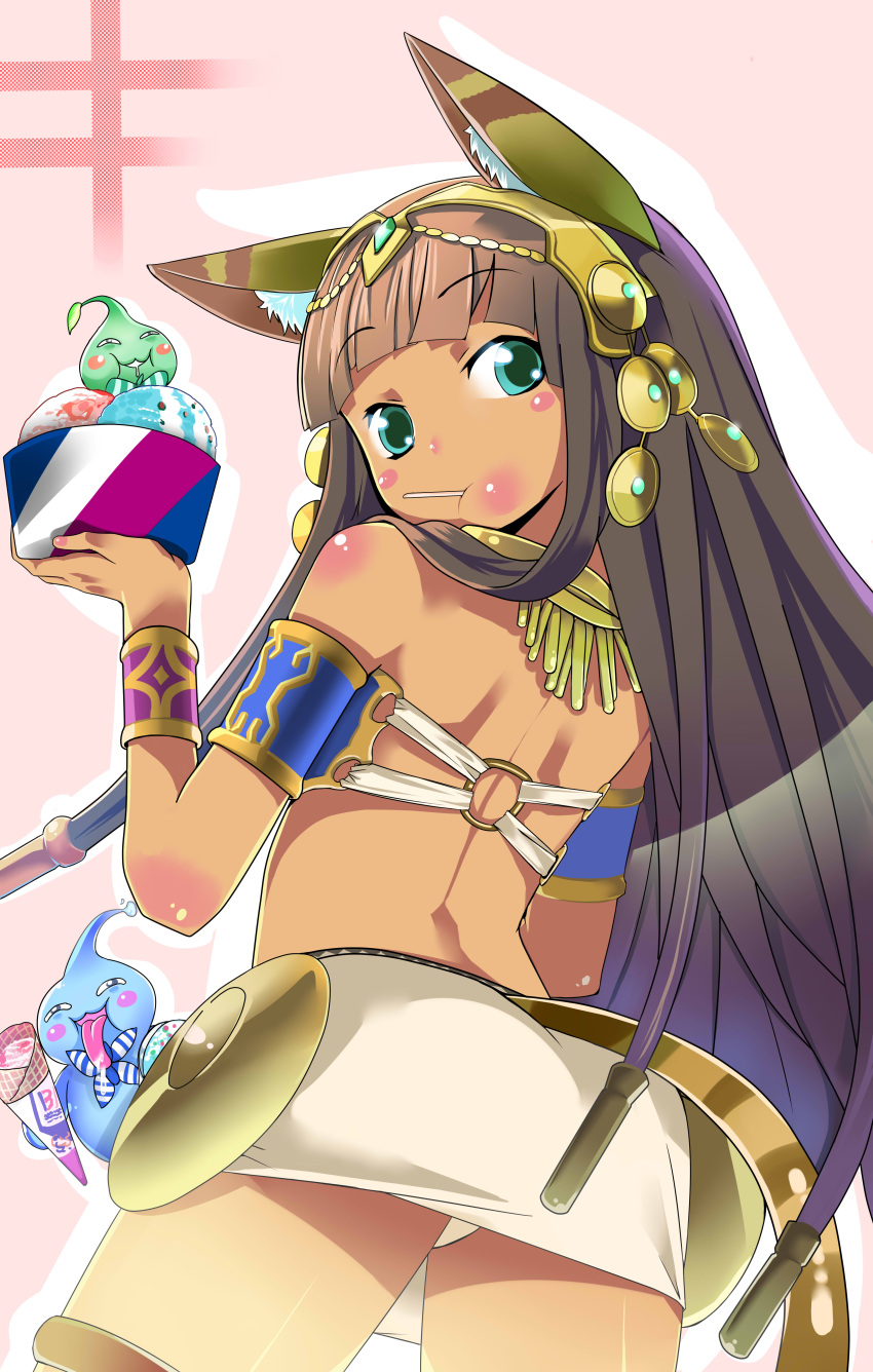 1girl :t absurdres animal_ears ass bastet_(p&amp;d) brown_hair cat_ears cat_tail ceda_(dace) eating egyptian food from_behind green_eyes highres ice_cream jewelry long_hair looking_back lots_of_jewelry miniskirt panties puzzle_&amp;_dragons skirt solo tail underwear