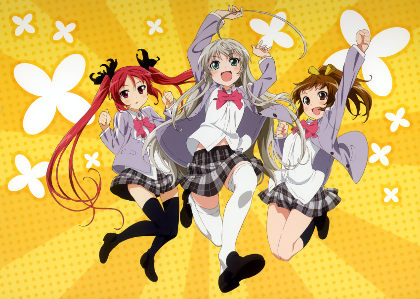 3girls :d ahoge arm_up arms_up black_legwear brown_eyes brown_hair cthugha_(nyaruko-san) full_body green_eyes haiyore!_nyaruko-san highres jumping kurei_tamao long_sleeves mole multiple_girls nyarlathotep_(nyaruko-san) official_art open_mouth red_eyes redhead simple_background smile thigh-highs two-tone_background white_hair white_legwear zettai_ryouiki