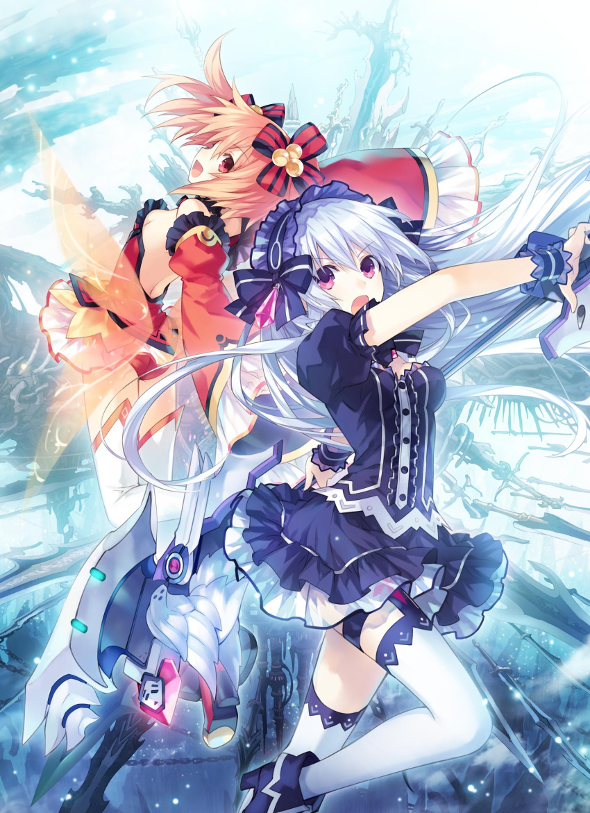 2girls absurdres alyn_(fairy_fencer_f) bare_shoulders black_dress bow bowtie breasts choker compile_heart detached_sleeves dress fairy_fencer_f female frilled_skirt frills gothic_lolita hair_bow hairband highres jewelry lolita_fashion lolita_hairband long_hair long_sleeves medium_breasts miniskirt multiple_girls official_art open_mouth panties puffy_short_sleeves puffy_sleeves red_dress red_eyes red_panties red_skirt redhead ribbon short_sleeves skirt thigh-highs thigh_strap tiara_(fairy_fencer_f) tsunako twintails underwear violet_eyes weapon white_hair white_legwear