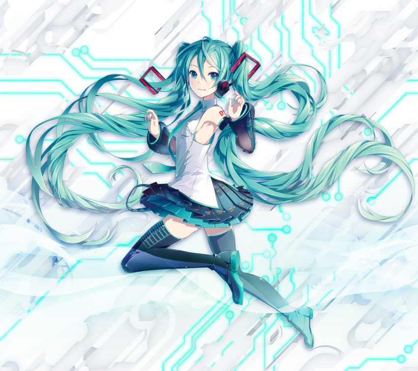 1girl aqua_eyes aqua_hair detached_sleeves hatsune_miku hatsune_miku_(vocaloid3) headphones highres ixima long_hair necktie skirt thigh-highs twintails very_long_hair vocaloid