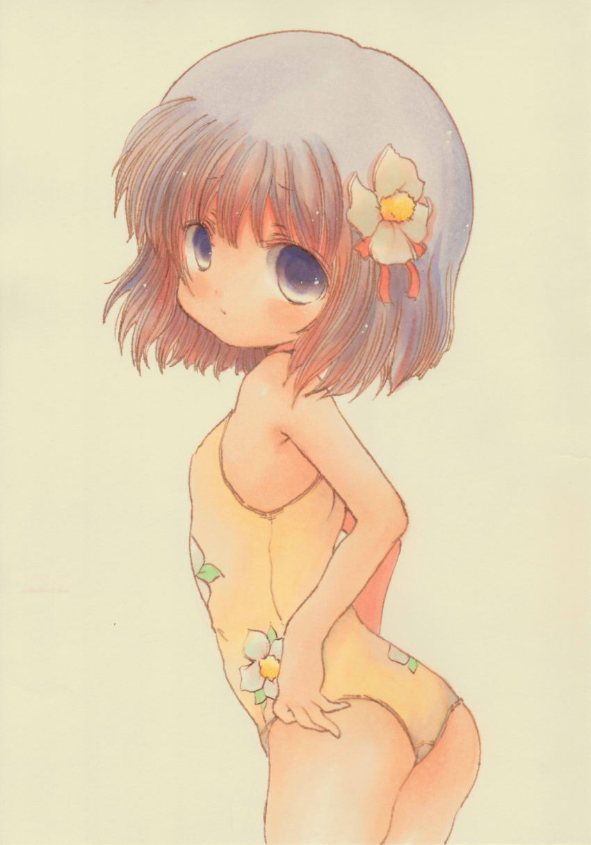 1girl absurdres adjusting_clothes adjusting_swimsuit arched_back armpits ass bangs blue_eyes blush casual_one-piece_swimsuit child female flat_chest floral_print flower from_behind hair_flower hair_ornament hair_ribbon hieda_no_akyuu highres looking_back nishina_masato one-piece_swimsuit purple_hair ribbon short_hair simple_background solo standing swimsuit touhou traditional_media yellow_swimsuit