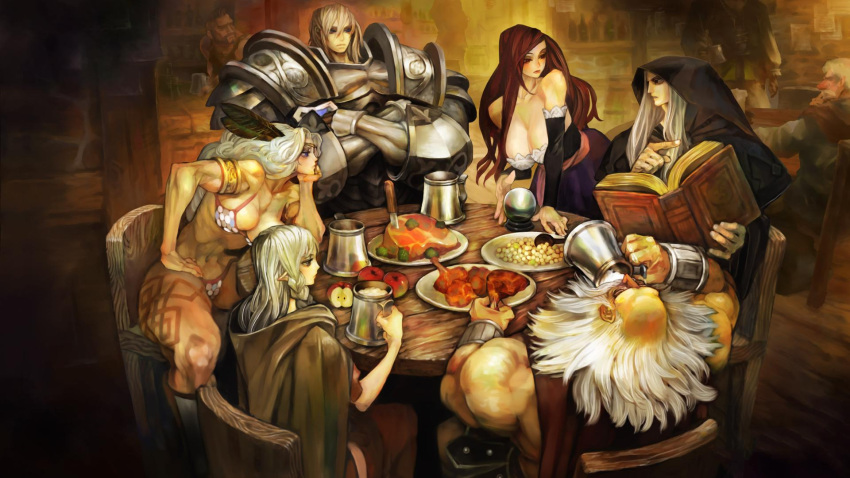 3boys 3girls abs alcohol amazon_(dragon's_crown) armor bar beard beer bikini_armor blonde_hair book braid breasts chin_rest circlet cleavage crossed_arms crystal_ball dragon's_crown drinking dwarf_(dragon's_crown) elf_(dragon's_crown) everyone facial_hair feathers fighter_(dragon's_crown) food fruit full_armor game_cg george_kamitani highres hood hood_down huge_breasts kamitani_george large_breasts long_hair multiple_boys multiple_girls muscle no_hat no_headwear no_helmet pointy_ears sorceress_(dragon's_crown) table tavern wizard_(dragon's_crown)
