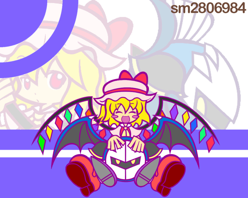 1girl :d ^_^ ^o^ bat_wings blush closed_eyes crossover crystal demon_wings flandre_scarlet happy kirby_(series) mask meta_knight open_mouth parody puffy_short_sleeves puffy_sleeves puyopuyo puyopuyo_fever shoe_soles short_sleeves simple_background smile style_parody touhou white_background wings y&amp;k yellow_eyes