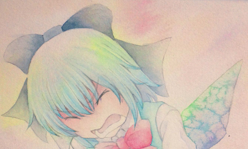 1girl blue_hair bow cirno closed_eyes hair_bow ice ice_wings open_mouth sad shouting solo teeth touhou traditional_media watercolor_(medium) wings yuyu_(00365676)