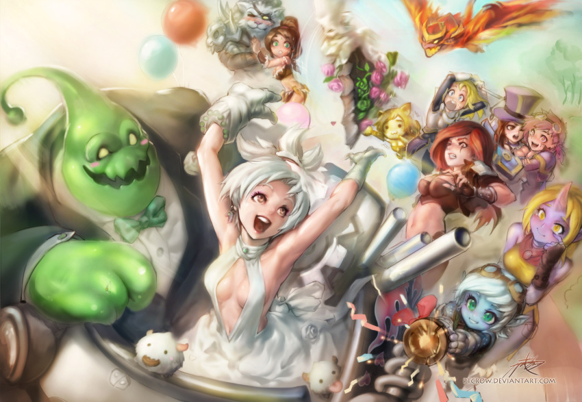 +_+ :3 ahri animal_ears armor balloon bare_shoulders blitzcrank blonde_hair blue_eyes blue_hair blue_skin blush bouquet bow breasts bridal_veil bride broken broken_sword broken_weapon brown_eyes brown_hair caitlyn_(league_of_legends) cannon cleavage confetti dragon dress earrings eyepatch facial_mark fingerless_gloves flower formal fox_ears gauntlets gloves goggles goggles_on_head green_eyes groom hat helmet highres horn jewelry katarina_du_couteau league_of_legends long_hair luxanna_crownguard midriff monster_boy multiple_girls navel nidalee open_mouth phantom_ix_row pink_hair pointy_ears ponytail poro_(league_of_legends) purple_skin red_eyes redhead rengar riven_(league_of_legends) scar short_hair shoulder_pads shyvana slime smile soraka staff star star-shaped_pupils suit sword symbol-shaped_pupils tattoo tribal tristana veil vi_(league_of_legends) weapon wedding wedding_dress white_hair yellow_eyes yordle zac