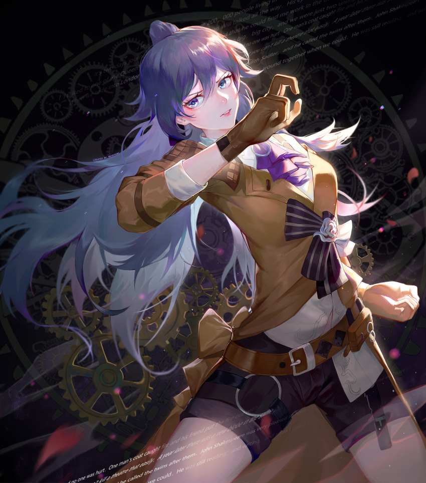 1girl absurdres alternate_costume black_hair blue_eyes brown_gloves brown_jacket daylightallure detective english_text fighting_stance fu_hua fu_hua_(valkyrie_accipter) gears gloves highres honkai_(series) honkai_impact_3rd huge_filesize jacket long_hair long_sleeves looking_at_viewer open_mouth ponytail pose shorts solo teeth