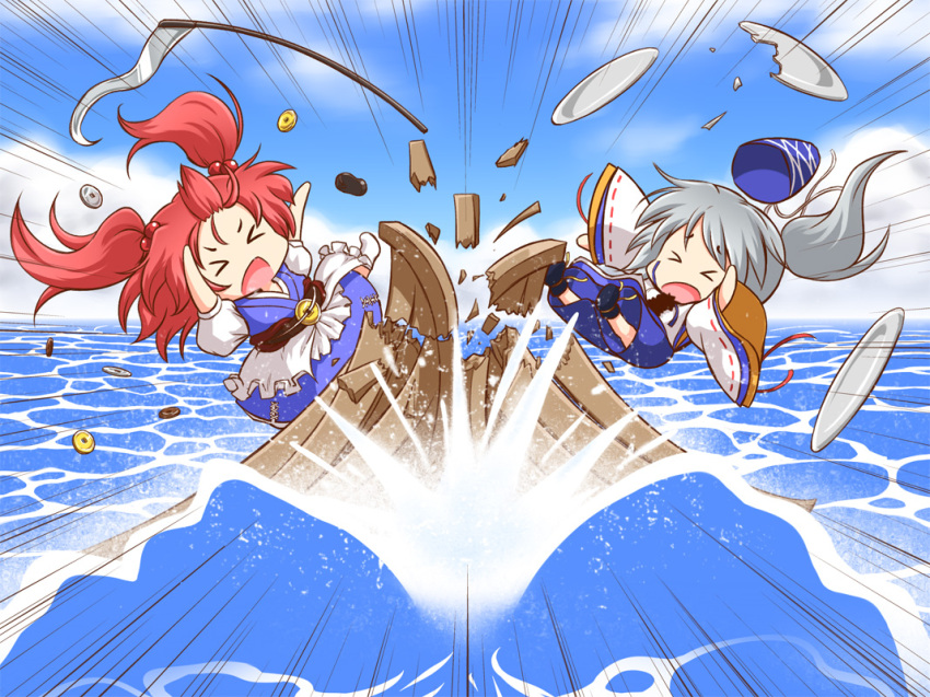 &gt;_&lt; 2girls artist_request boat broken chibi closed_eyes coin collision dx emphasis_lines falling grey_hair hair_bobbles hair_ornament hat long_sleeves mazume mononobe_no_futo multiple_girls ocean onozuka_komachi plate ponytail redhead scythe shoes_removed touhou water wide_sleeves