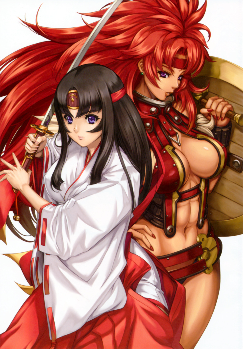 2girls abs absurdres big_hair black_hair breasts eiwa hand_on_hip headband highres japanese_clothes large_breasts long_hair multiple_girls nail_polish queen's_blade redhead ribbon-trimmed_sleeves ribbon_trim risty scan shield sword tomoe underwear very_long_hair violet_eyes weapon