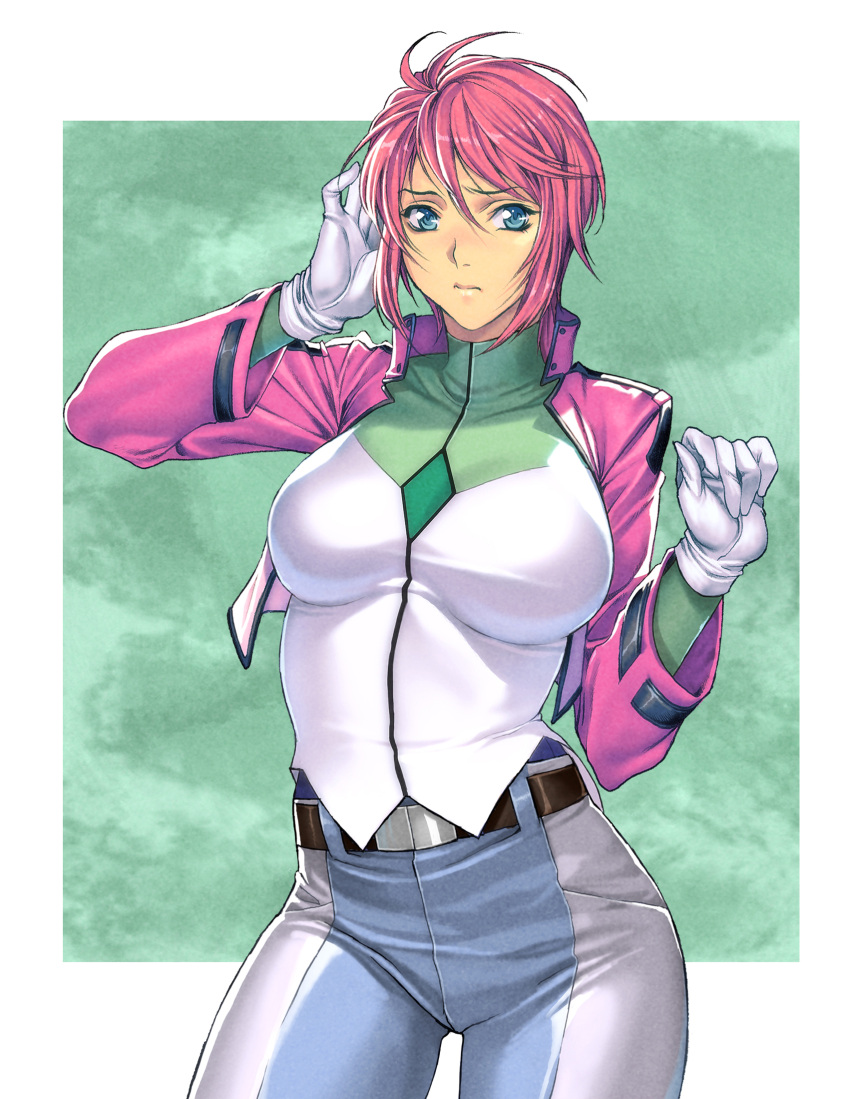 1girl blue_eyes breasts cropped_jacket feldt_grace gloves gundam gundam_00 gundam_00_a_wakening_of_the_trailblazer hand_on_head hand_on_own_head highres homare_(fool's_art) impossible_clothes jacket large_breasts military military_uniform pants pink_hair short_hair skin_tight solo uniform white_gloves