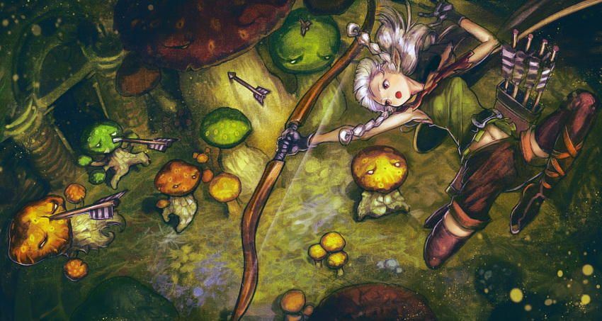 1girl action belt boots bow dragon's_crown elf_(dragon's_crown) gloves highres jumping mushroom orange_eyes thigh-highs thigh_boots tomotototo white_hair