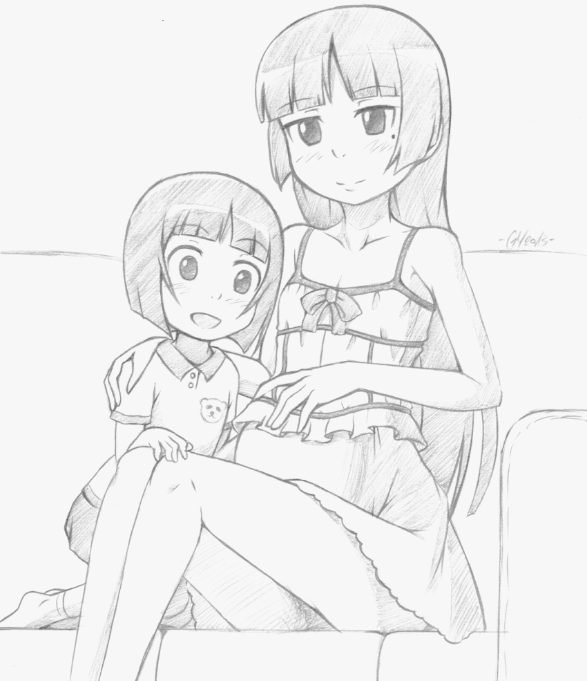 2girls ascii_media_works dress ghettoyouth gokou_ruri gokou_tamaki highres long_hair monochrome multiple_girls ore_no_imouto_ga_konna_ni_kawaii_wake_ga_nai pregnant short_hair siblings sisters