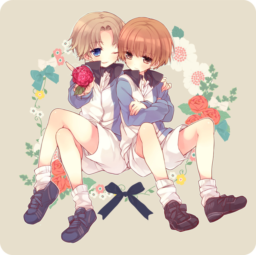 2boys atobe_keigo blue_eyes blush brown_eyes brown_hair child crossed_arms flower frown hand_on_another's_shoulder highres hiyoshi_wakashi jacket male_focus mole moriyama_shijimi multiple_boys one_eye_closed open_mouth polo_shirt ribbon shoes short_hair shorts sitting smile sneakers socks sportswear tennis_no_ouji-sama tennis_uniform uniform wink