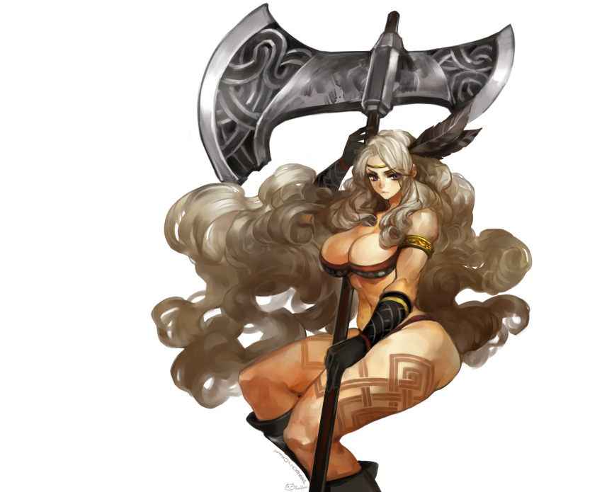 1girl amazon_(dragon's_crown) armlet armor bikini_armor blonde_hair boots breasts circlet dragon's_crown fantchi feathers gloves halberd highres large_breasts long_hair muscle polearm solo tattoo thick_thighs thighs violet_eyes weapon