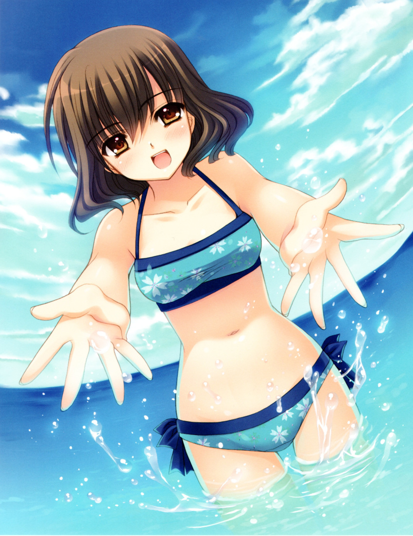 1girl :d absurdres bikini blue_bikini breasts brown_eyes brown_hair clouds floral_print hands highres kimi_to_issho_ni matsushita_yui navel nishimata_aoi ocean open_mouth outstretched_hand short_hair sky smile solo splashing swimsuit wading water