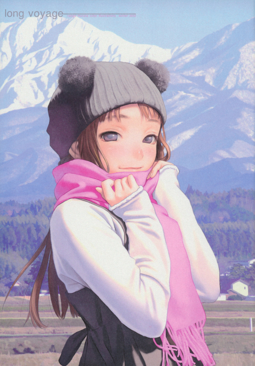 1girl beanie blurry blush brown_eyes brown_hair depth_of_field happy hat highres long_hair long_sleeves looking_at_viewer mountain murata_renji nature original outdoors pink_scarf scan scarf scenery sky smile solo tree upper_body