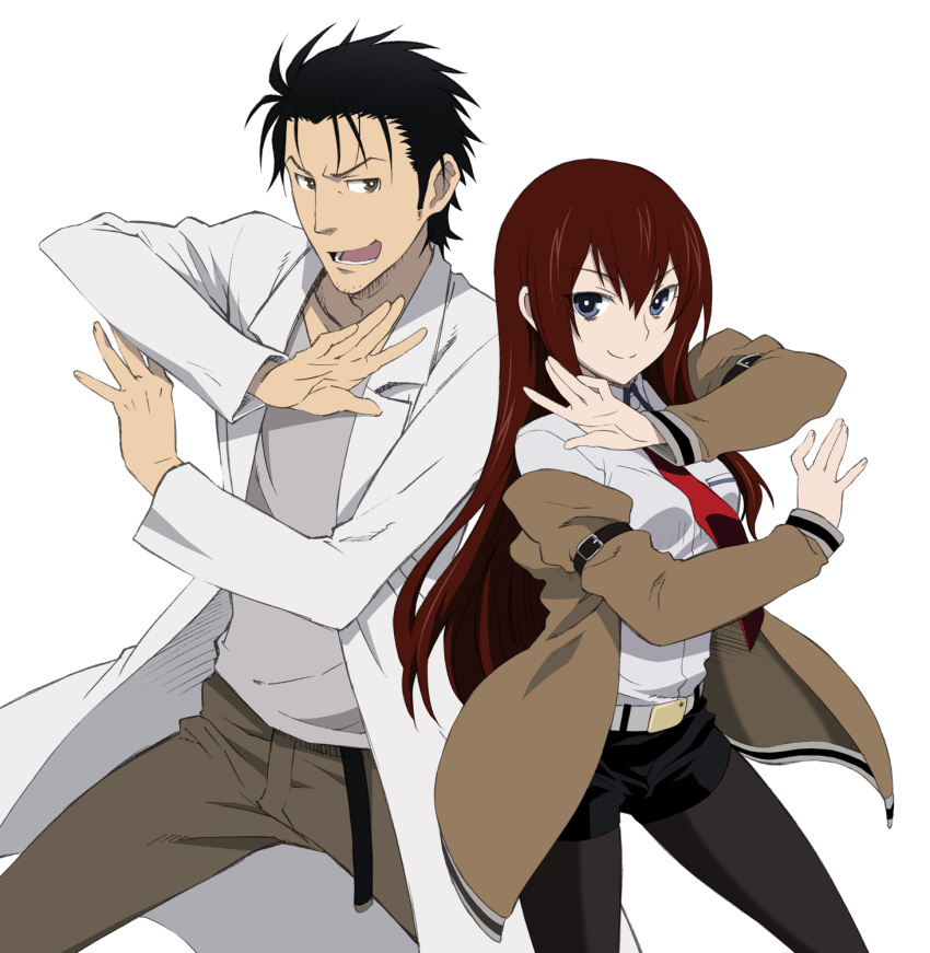 1boy 1girl belt black_hair brown_eyes brown_hair buckle eye_contact highres jacket labcoat legwear_under_shorts long_hair looking_at_another makise_kurisu necktie okabe_rintarou open_mouth pantyhose pose short_hair shorts shoumaru_(gadget_box) simple_background smile steins;gate violet_eyes white_background