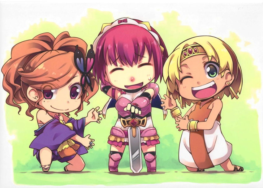 3girls :d ;d ^_^ ageha_(sister_quest) armor ash_yokoshima blonde_hair bracelet brecelet brown_hair butterfly_hair_ornament chibi cinderella_(cinderella_blade) cinderella_blade claire_(hihouden) closed_eyes collaboration earrings green_eyes hair_ornament highres hihouden jewelry kneeling long_hair looking_at_viewer maid_headdress mitsugi mole multiple_girls one_eye_closed open_mouth pink_hair ring short_hair sister_quest smile soine sweat sword tiara violet_eyes weapon wink