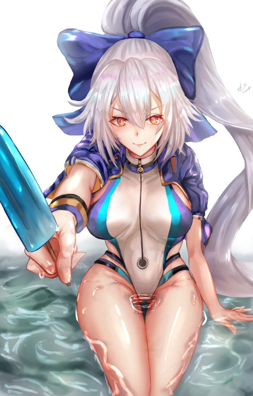 1girl absurdres blue_bow blue_jacket blue_swimsuit bow breasts cropped_jacket dix_shou fate/grand_order fate_(series) hair_bow highleg highleg_swimsuit highres jacket long_hair medium_breasts multicolored multicolored_clothes multicolored_swimsuit one-piece_swimsuit ponytail red_eyes short_sleeves shrug_(clothing) silver_hair solo standing striped_wristband swimsuit tomoe_gozen_(fate/grand_order) tomoe_gozen_(swimsuit_saber)_(fate) two-tone_swimsuit very_long_hair wading white_swimsuit