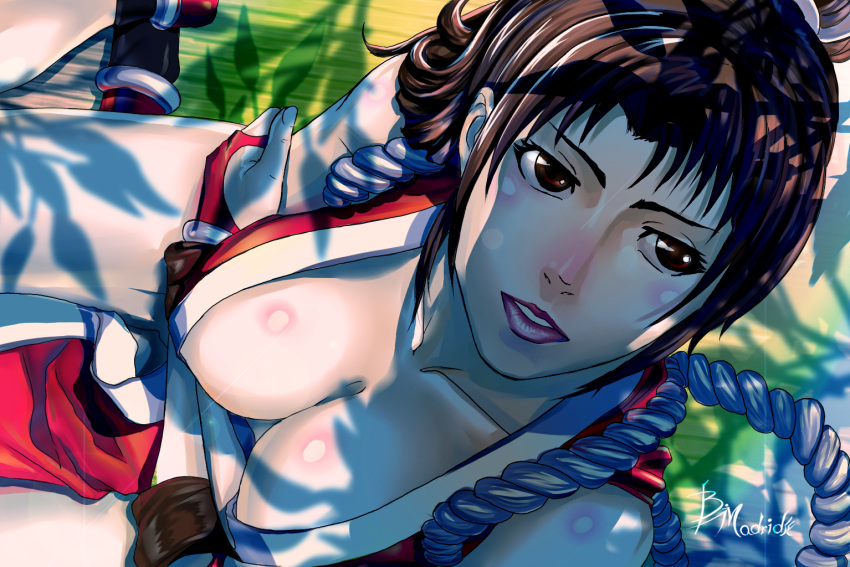 1girl b_madrid breasts brown_eyes brown_hair cleavage crossed_arms dappled_sunlight downblouse fingerless_gloves from_above gloves japanese_clothes king_of_fighters knot large_breasts lips lipstick long_hair makeup ninja pelvic_curtain ponytail rope shimenawa shiny shiny_skin shiranui_mai sitting solo sunlight the_king_of_fighters wariza