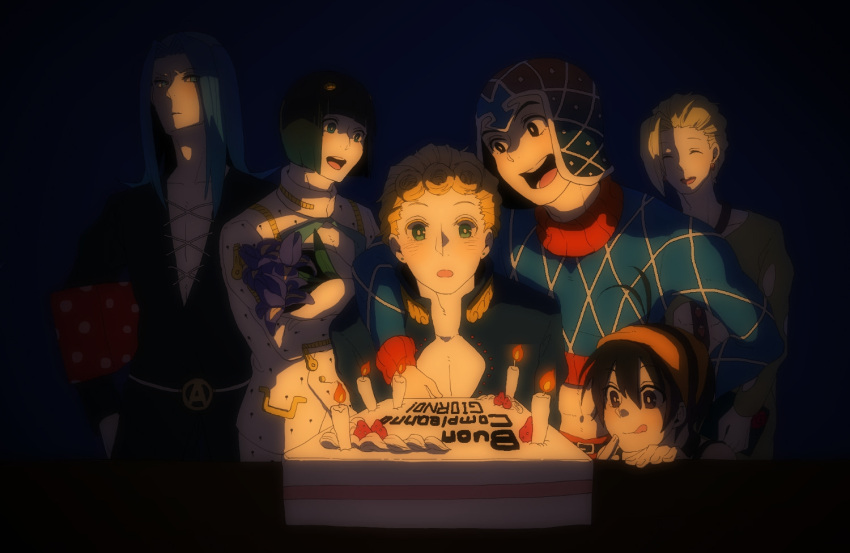 6+boys birthday_cake black_hair blonde_hair bruno_buccellati bruno_bucciarati cake food giorno_giovanna guido_mista jojo_no_kimyou_na_bouken kuujou_joutarou leone_abbacchio leone_abbachio maguro_(ma-glo) male_focus multiple_boys narancia_ghirga pannacotta_fugo vento_aureo