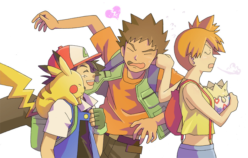 1girl 2boys backpack bag bangs bare_shoulders baseball_cap belt black_hair black_shirt breasts broken_heart brown_hair closed_eyes crop_top denim denim_shorts ear_pull fingerless_gloves gloves green_gloves hat holding jacket k-n kasumi_(pokemon) laughing midriff multiple_boys nintendo open_mouth orange_hair orange_shirt pants pikachu pokemon pokemon_(anime) ponytail satoshi_(pokemon) satoshi_(pokemon)_(classic) shirt short_hair short_ponytail short_sleeves shorts side_ponytail sleeveless sleeveless_shirt smile spiky_hair steam suspenders t-shirt tail takeshi_(pokemon) tank_top togepi vest wavy_mouth wide_ponytail yellow_shirt