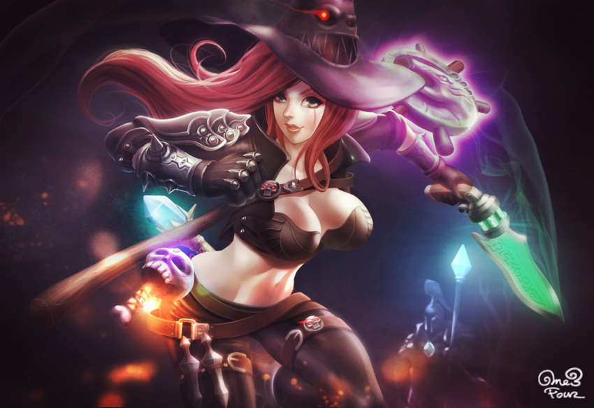 1girl adapted_costume armor bad_id belt breasts deathfire_grasp gloves glowing glowing_eyes green_eyes gunblade hat hextech_gunblade katarina_du_couteau large_breasts league_of_legends long_hair looking_at_viewer midriff needlessly_large_rod one3four! rabadon's_deathcap redhead rylai's_crystal_scepter scar shoulder_pads signature skin_tight skull solo staff strap vambraces weapon witch_hat