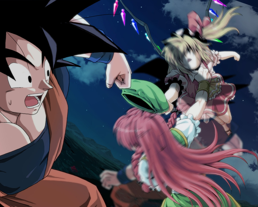 1boy 2girls afterimage black_hair blonde_hair dragon_ball dragon_ball_z dragonball_z flandre_scarlet highres hong_meiling kamishima_kanon long_hair multiple_girls punching redhead short_hair son_gokuu touhou wings