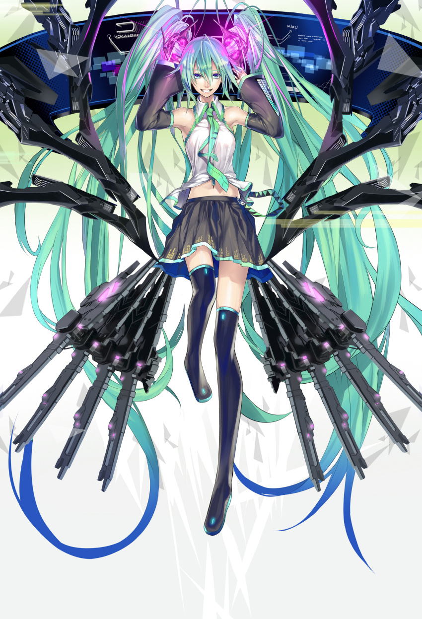 1girl armpits arms_up boots character_name detached_sleeves green_hair grin hatsune_miku highres hullabaloo long_hair navel necktie skirt smile solo thigh-highs thigh_boots twintails very_long_hair vocaloid