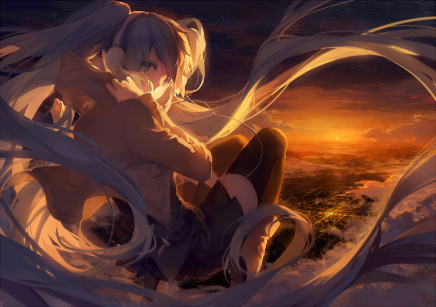 1girl blue_eyes blue_hair clouds floating_hair glow_(vocaloid) hatsune_miku headphones long_hair looking_back md5_mismatch pleated_skirt rella skirt sky solo thigh-highs twintails very_long_hair vocaloid