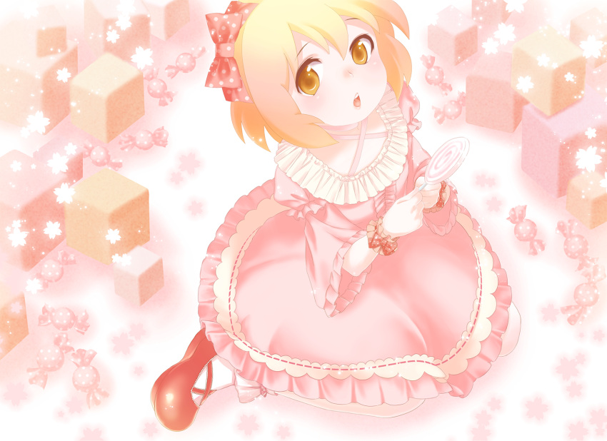 1girl blush candy hair_ribbon highres kakinoki_ueru kotoura-san kotoura_haruka lollipop matching_hair/eyes open_mouth orange_eyes orange_hair pink_background ribbon shoes short_hair solo white_legwear