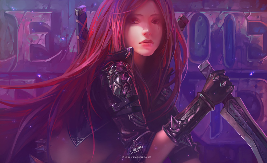 1girl blue_eyes chenbo dagger email_address gloves heterochromia highres katarina_du_couteau league_of_legends lips long_hair looking_at_viewer midriff navel parted_lips red_eyes redhead scar shoulder_pads signature solo vambraces wallpaper watermark weapon