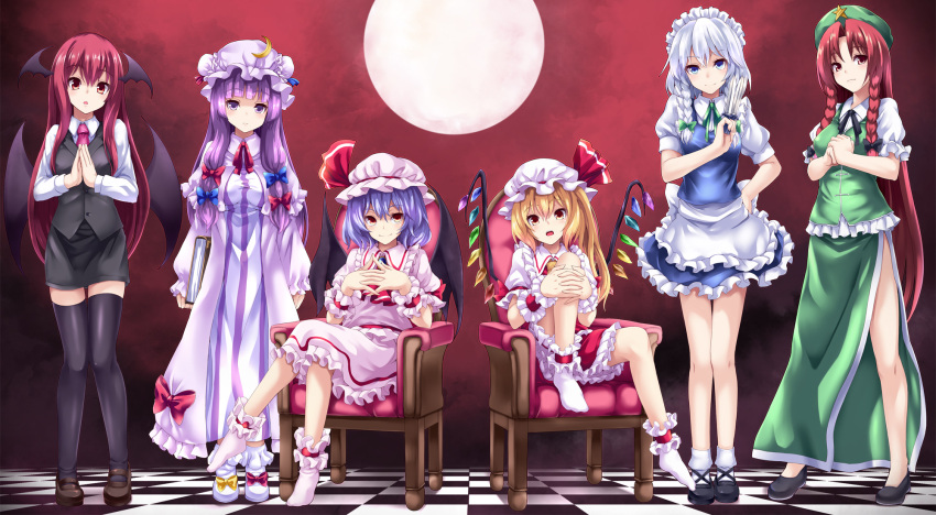 6+girls :o ankle_cuffs apron asu_hare bat_wings beret blonde_hair blue_eyes blush book bow bowtie braid chair checkered checkered_floor china_dress chinese_clothes clenched_hand crescent demon_girl dress female flandre_scarlet floor frilled_dress frilled_skirt frills full_moon hair_bow hair_ribbon hands_together hat hat_ornament hat_ribbon head_wings highres hong_meiling izayoi_sakuya knife koakuma legs_crossed long_hair maid maid_apron maid_headdress mismatched_footwear moon multiple_girls necktie no_shoes patchouli_knowledge purple_hair red_eyes redhead remilia_scarlet ribbon robe short_hair siblings side_braid side_slit silver_hair sisters sitting skirt smile socks star thigh-highs touhou twin_braids vest violet_eyes waist_apron wings wrist_cuffs zettai_ryouiki