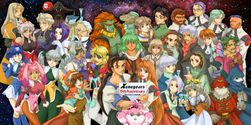 6+boys 6+girls :3 :d alcohol animal_ears anniversary annotated armor bare_shoulders bartholomew_fatima beard big_joe billy_lee_black blonde_hair blue_eyes bow breasts brothers brown_eyes brown_hair broyer cape captain_of_the_thames champagne chu-chu chu_chu_(xenogears) circlet citan_uzuki cloak dan_(xenogears) dark_skin detached_sleeves dolphin dominia_yizkor dress drill_hair earrings elbow_gloves elhaym_van_houten emerada_(xenogears) everyone eyepatch facial_hair facial_mark father_and_daughter fei_fong_wong forehead_mark franz_(xenogears) frown fur glass glasses gloves goggles goggles_on_head grahf green_eyes green_hair green_skin grey_hair hair_bow hair_over_shoulder hairband hammer_(xenogears) hans_(xenogears) hat heart helmet helmholz highres jessiah_black jewelry kahran_ramsus kelvena kelvena_(xenogears) krelian krelian_(xenogears) large_breasts lawrence_maison long_hair long_image marguerite_fatima maria_balthasar mask miang_hawwa midori_uzuki military military_uniform mother_and_daughter multicolored_hair multiple_boys multiple_girls mustache open_mouth orange_hair pink_hair primera_black purple_hair queen_zephyr rabbit_ears red_eyes renk ricardo_banderas ryukia scar seraphita seraphita_(xenogears) short_hair siblings sigurd_harcourt silver_hair skirt smile star stratski tattoo tolone tolone_(xenogears) trench_coat twintails two-tone_hair uniform vance vest violet_eyes white_hair wide_image wiseman_(xenogears) xeno_(series) xenogears yellow_eyes yui_uzuki