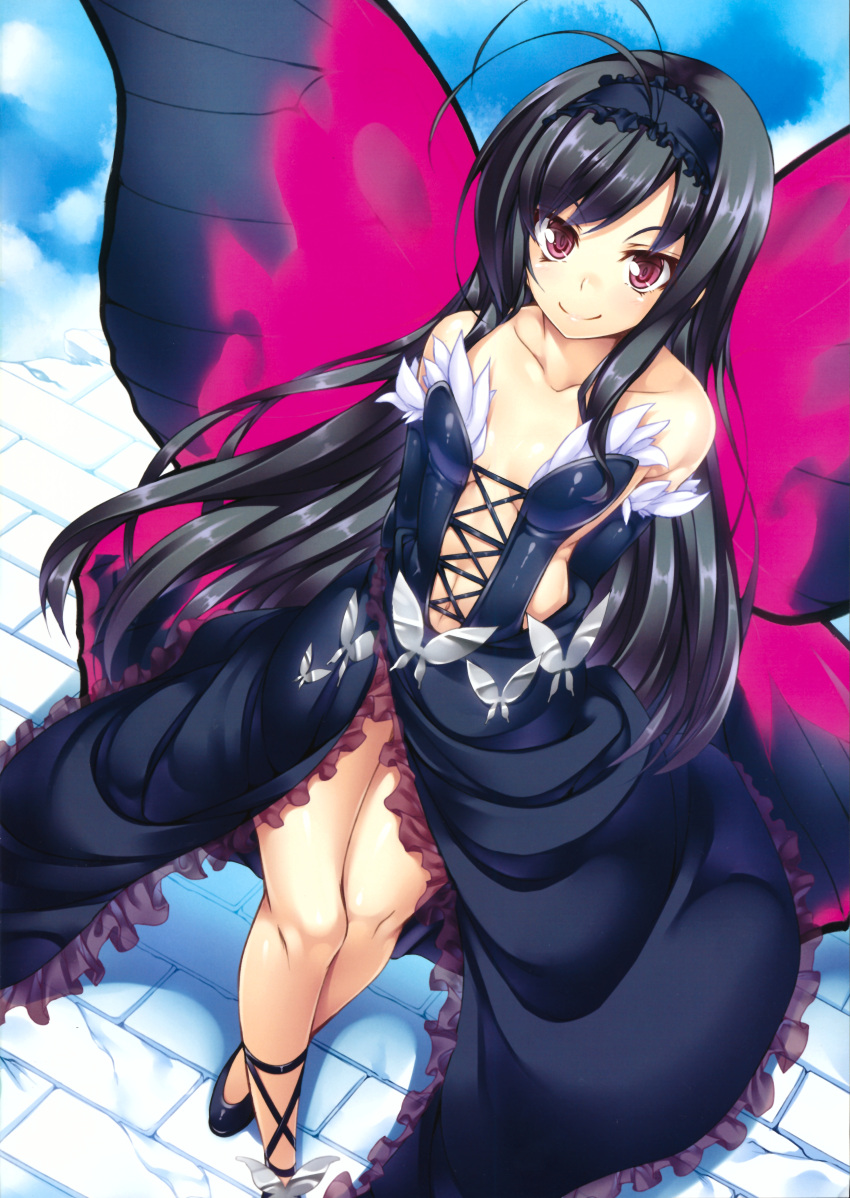 1girl absurdres accel_world antenna_hair bare_shoulders black_hair blush butterfly butterfly_wings dress elbow_gloves gloves hairband highres ichijou_hitoshi kuroyukihime legs long_hair looking_at_viewer navel sky smile solo wings