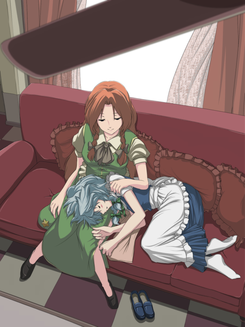 2girls apron bad_hands couch female from_above hat hat_removed headwear_removed highres hong_meiling izayoi_sakuya kugi_(kugi-xiv) lap_pillow lying multiple_girls on_side pillow shoes_removed side_slit sitting touhou waist_apron white_legwear window