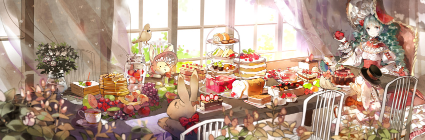 1girl apple armchair banana bird bonnet bow bread cake chair corset cup curtains dress flower food fruit grapes green_eyes green_hair hat hatsune_miku highres indoors jar juliet_sleeves long_hair long_image long_sleeves looking_at_viewer pancake pie puffy_sleeves rabbit red_upholstery ringlets rose sheer_curtains sitting smile strawberry susu table tea teacup tiered_serving_stand top_hat umbrella vase vocaloid wide_image window