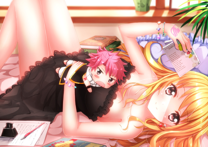 1girl bad_id black_eyes blonde_hair blush_stickers book bracelet breasts brown_eyes character_doll cleavage dress earrings fairy_tail fang jewelry long_hair long_legs looking_at_viewer lucy_heartfilia lying natsu_dragneel on_back on_bed pink_hair scarf smile swordsouls tattoo
