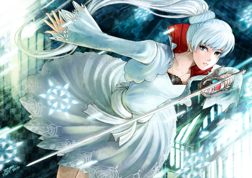 1girl absurdres blue_eyes copyright_name cropped_jacket dress earrings hair_ornament highres jewelry left-handed long_hair necklace ponytail rapier rwby signature snowflakes solo sword weapon weiss_schnee white_hair wiess_schnee_(rwby) zen_(jirakun)