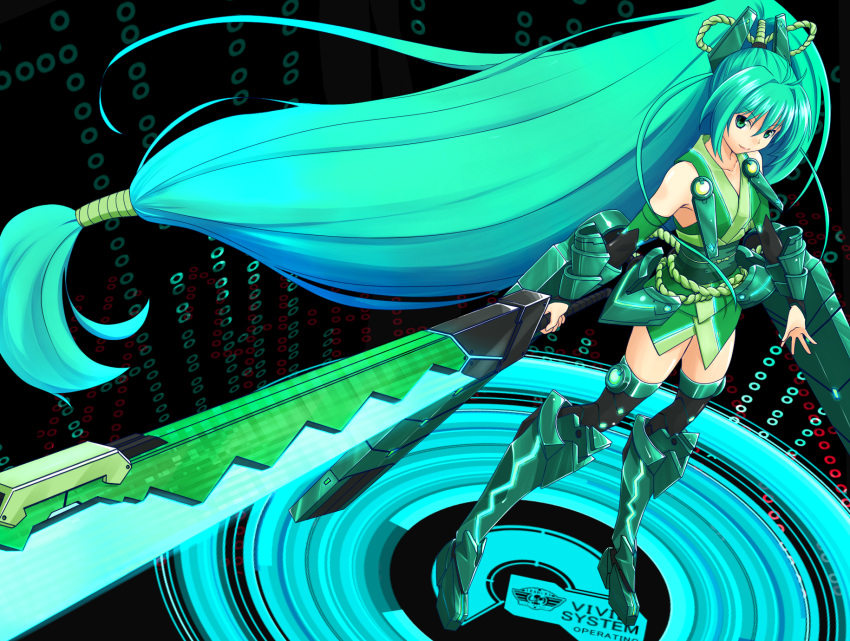 boots green_hair highres sword thigh-highs tr-6 vividgreen vividred_operation weapon
