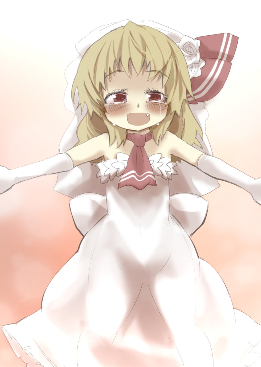 1girl ascot blonde_hair blush dress elbow_gloves fang female gaoo_(frpjx283) gloves hair_ribbon highres long_hair open_mouth outstretched_arms red_eyes ribbon rumia smile solo tears touhou veil wedding_dress white_dress