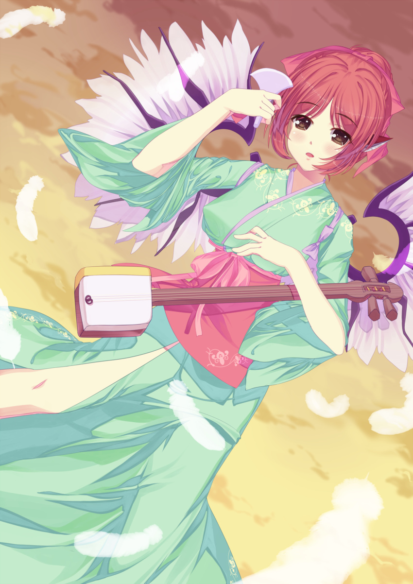 1girl alternate_costume alternate_eye_color alternate_hairstyle animal_ears blush brown_eyes dutch_angle erhu feathers female hair_ribbon hair_up highres instrument japanese_clothes kimono looking_at_viewer mystia_lorelei no_hat no_headwear open_mouth pink_hair ribbon shamisen solo tasuki touhou wide_sleeves wings xiaoai