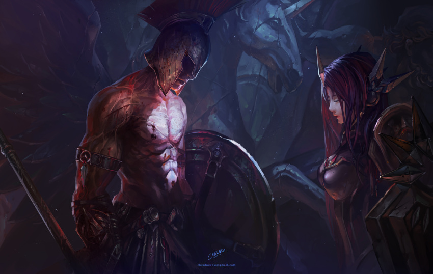 1boy 1girl abs armband armor blood brown_hair chenbo closed_eyes ear_armor ear_protection email_address forehead_protector helmet highres injury league_of_legends leona_(league_of_legends) long_hair muscle no_eyes pantheon_(league_of_legends) polearm shield signature spear topless unicorn watermark weapon