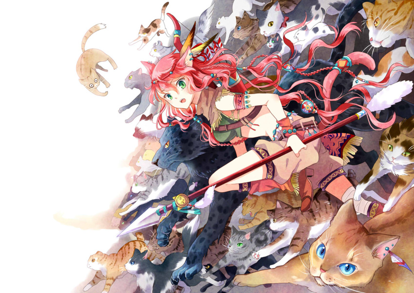 1girl :3 ^_^ animal_ears armband blue_eyes calico cat cat_ears cat_tail cattail closed_eyes earrings green_eyes hair_ornament headband jaguar jewelry kitten long_hair navel nekozuki_yuki open_mouth original pink_hair plant polearm ribbon shorts spear tail too_many too_many_cats weapon whiskers yellow_eyes