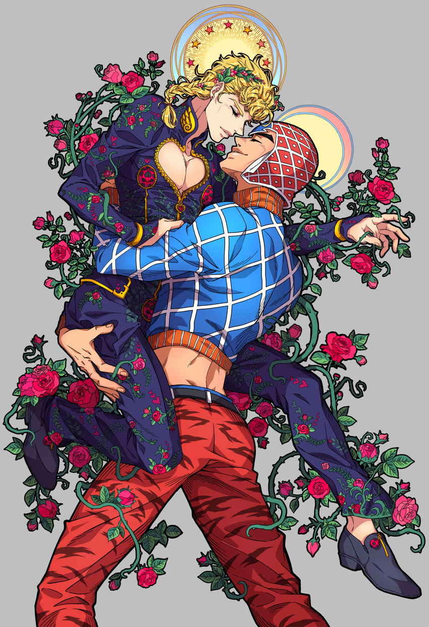 2boys absurdres animal_print argyle argyle_sweater blonde_hair braid closed_eyes crescent_moon floral_print flower giorno_giovanna guido_mista halo hat highres holding_person jojo_no_kimyou_na_bouken lifting_person lips male_focus midriff moon multiple_boys piooozzing plant rose smile sun sweater tiger_print vines