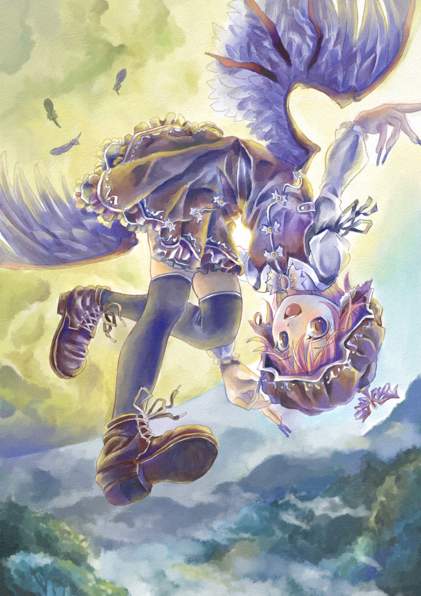 1girl animal_ears bent_over brown_eyes feathers female fingernails flying full_moon hat highres long_fingernails looking_at_viewer moon mystia_lorelei nagayo night open_mouth pink_hair shoelaces shoes solo thigh-highs touhou wings